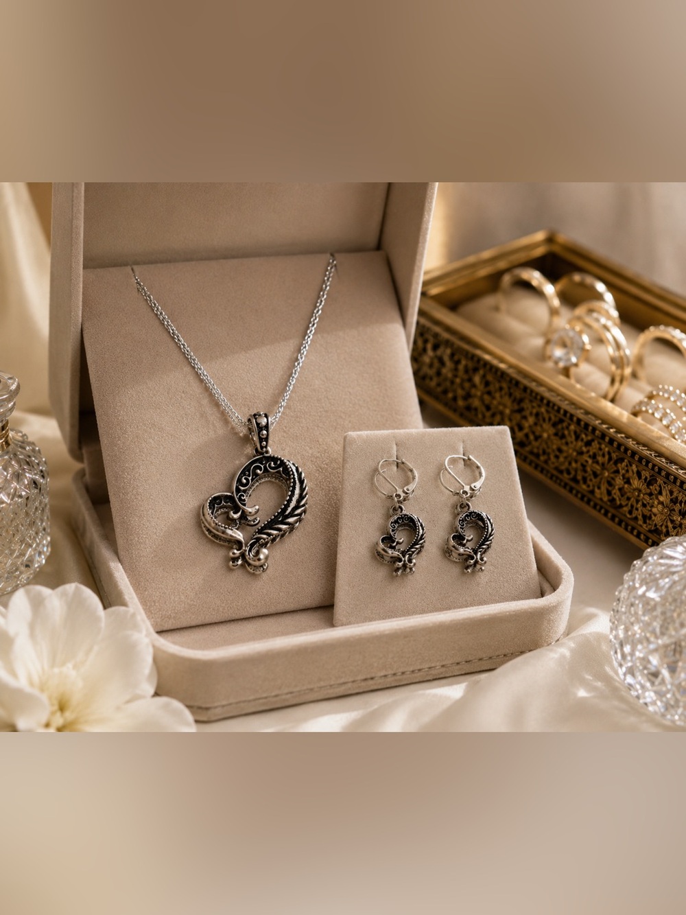Silver Scroll Heart Jewelry Set Necklace Earrings Vintage Style Filigree Pendant